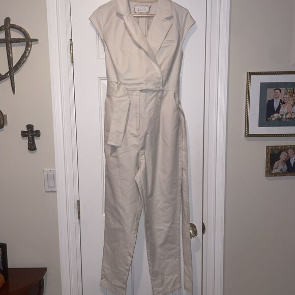 Anthropologie Sz 6 ELIZA Jumpsuit Cap Sleeve Wrap Neck Off-White Beige Jumpsuit - Picture 5 of 8